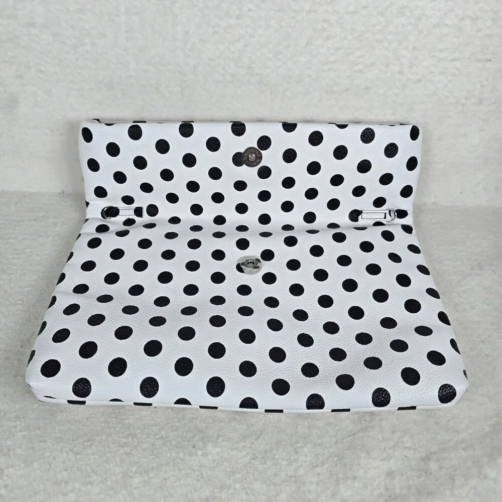 Versona Black and White Polka-dot Foldover Clutch With Metal Strap